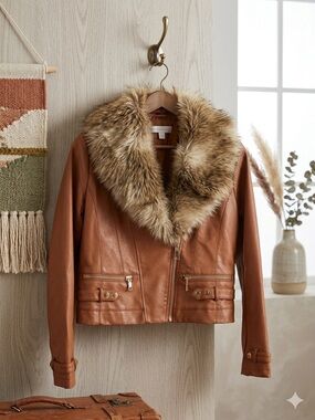 New York & Company Cognac Faux Leather Jacket with Fur Trim